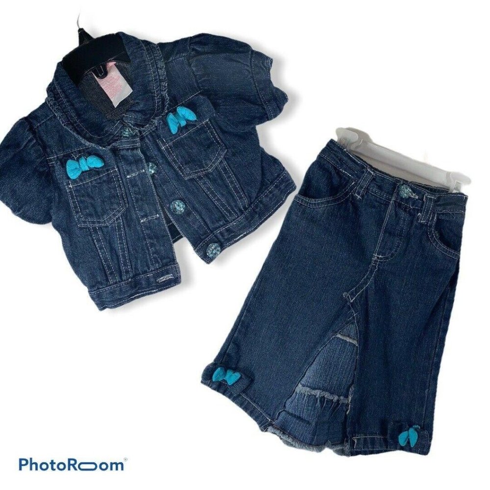 Nanelle Girl Denim Jacket & Skirt Set w Blue Bows